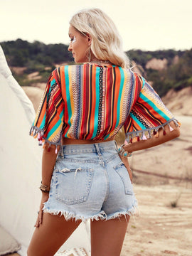 VCAY Camisa Recortada Con Rayas De Parche Y Nudo De Borla Para Mujeres