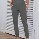 Pantalones casuales de traje negro de cintura alta para mujer con ajuste cenido y piernas anchas de 7-9cm