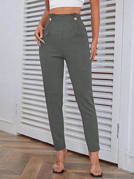 Pantalones casuales de traje negro de cintura alta para mujer con ajuste cenido y piernas anchas de 7-9cm