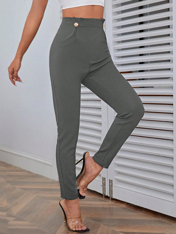 Pantalones casuales de traje negro de cintura alta para mujer con ajuste cenido y piernas anchas de 7-9cm