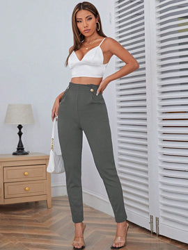 Pantalones casuales de traje negro de cintura alta para mujer con ajuste cenido y piernas anchas de 7-9cm