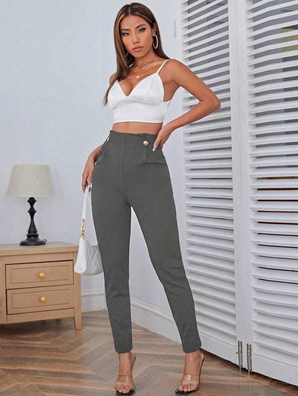 Pantalones casuales de traje negro de cintura alta para mujer con ajuste cenido y piernas anchas de 7-9cm
