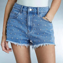 Forever 21 Pantalones Cortos De Mezclilla Para Mujer Decorados Con Remaches De Metal Y Flecos En El Dobladillo Con Efecto Desgastado
