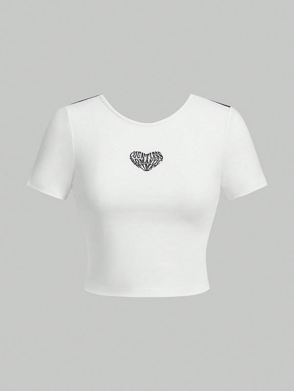 Qutie Camiseta De Manga Corta Para Mujer Con Color Contrastante Y Espalda Descubierta