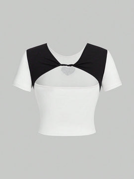 Qutie Camiseta De Manga Corta Para Mujer Con Color Contrastante Y Espalda Descubierta