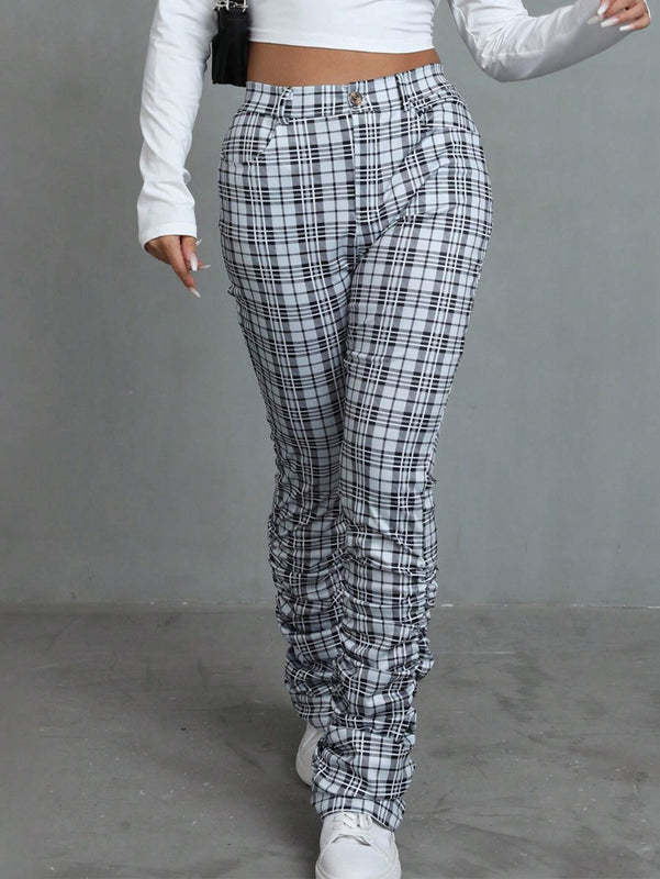 EZwear Pantalones De Mujer A Cuadros Entallados Con Pliegues