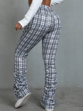 EZwear Pantalones De Mujer A Cuadros Entallados Con Pliegues
