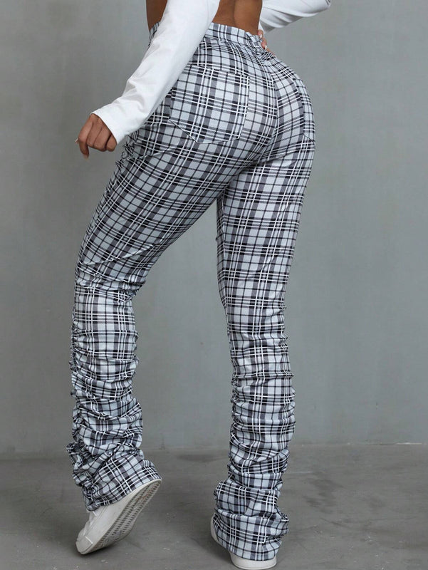 EZwear Pantalones De Mujer A Cuadros Entallados Con Pliegues