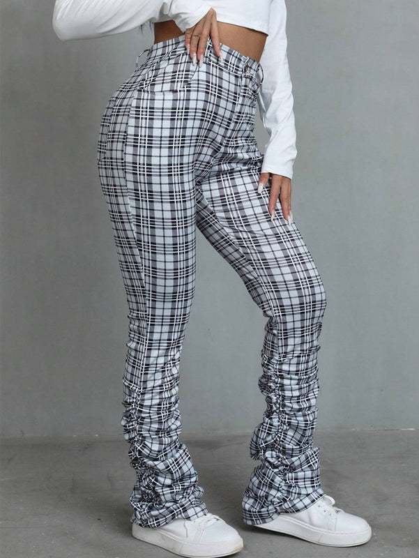 EZwear Pantalones De Mujer A Cuadros Entallados Con Pliegues