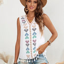 VCAY Camisa Estampada Sin Mangas Con Dobladillo Con Borlas