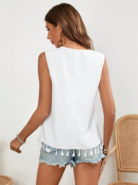 VCAY Camisa Estampada Sin Mangas Con Dobladillo Con Borlas