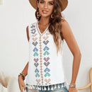 VCAY Camisa Estampada Sin Mangas Con Dobladillo Con Borlas