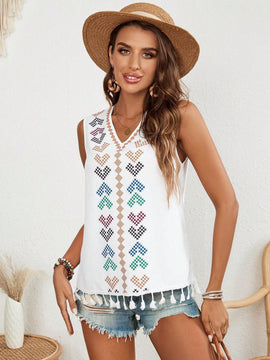 VCAY Camisa Estampada Sin Mangas Con Dobladillo Con Borlas