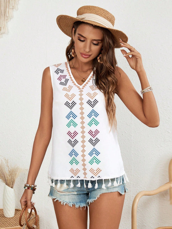 VCAY Camisa Estampada Sin Mangas Con Dobladillo Con Borlas
