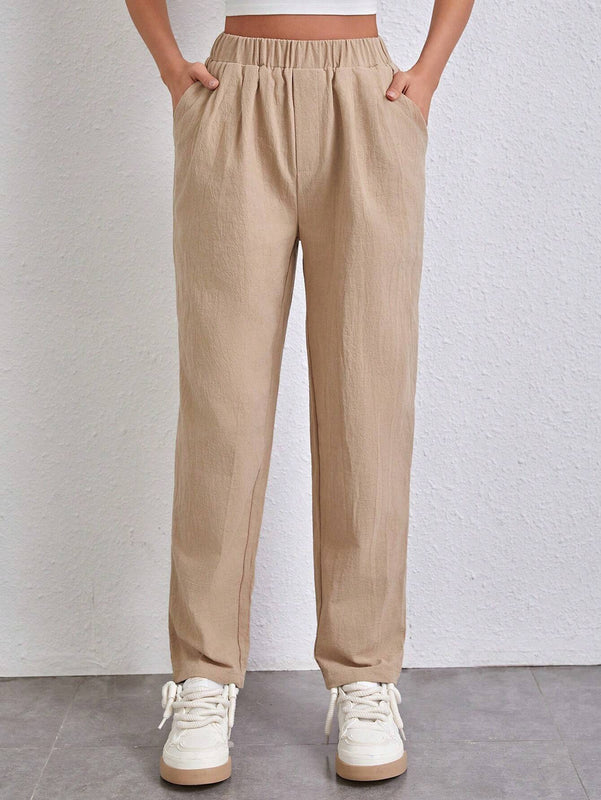 Essnce Pantalones Conicos Con Cintura Elastica Y Tejido Solido De Un Solo Color