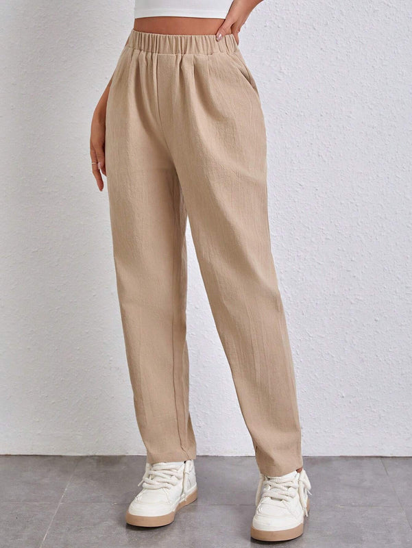 Essnce Pantalones Conicos Con Cintura Elastica Y Tejido Solido De Un Solo Color