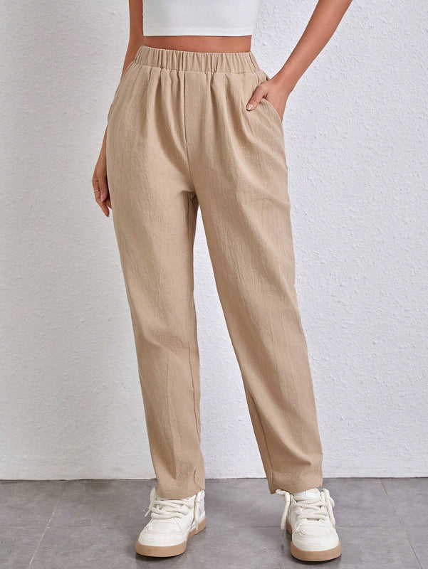 Essnce Pantalones Conicos Con Cintura Elastica Y Tejido Solido De Un Solo Color
