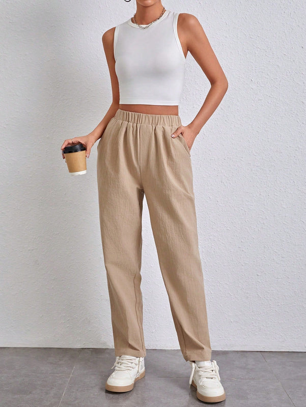Essnce Pantalones Conicos Con Cintura Elastica Y Tejido Solido De Un Solo Color