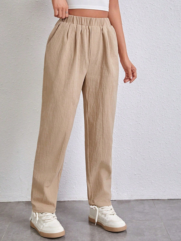 Essnce Pantalones Conicos Con Cintura Elastica Y Tejido Solido De Un Solo Color