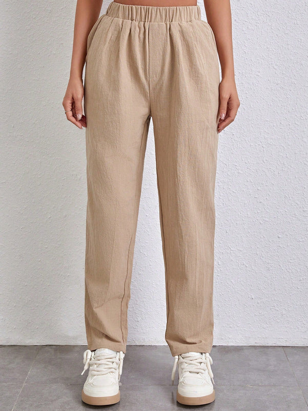 Essnce Pantalones Conicos Con Cintura Elastica Y Tejido Solido De Un Solo Color