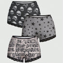 ROMWE Grunge Punk 3 Piezas De Conjuntos De Ropa Interior Para Mujeres En Panty Estilo Boyshorts Con Diseno De Estrellas Punks Negras, Calaveras Y Con Fuente Gotica