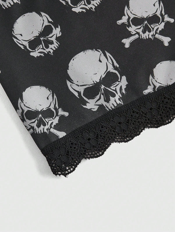 ROMWE Grunge Punk 3 Piezas De Conjuntos De Ropa Interior Para Mujeres En Panty Estilo Boyshorts Con Diseno De Estrellas Punks Negras, Calaveras Y Con Fuente Gotica