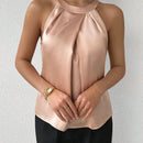 Prive Atuendo Simple Y Elegante De Oficina Para El Uso Diario De Mujeres Con Blusa De Saten Con Cuello Halter Plisado De Color Champan