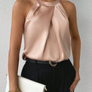 Prive Atuendo Simple Y Elegante De Oficina Para El Uso Diario De Mujeres Con Blusa De Saten Con Cuello Halter Plisado De Color Champan