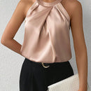 Prive Atuendo Simple Y Elegante De Oficina Para El Uso Diario De Mujeres Con Blusa De Saten Con Cuello Halter Plisado De Color Champan