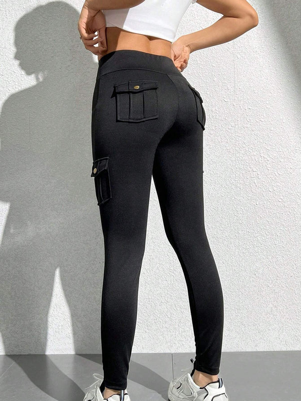 PETITE Leggings De Cintura Alta Ajustados Con Bolsillos Cubiertos Y Franjas Laterales