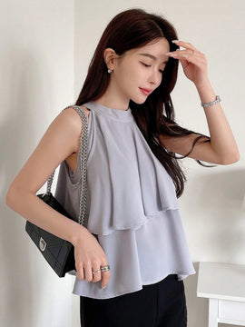 DAZY Blusa De Cuello Halter Con Dobladillo De Volantes Y Parche De Retazos Para Mujer