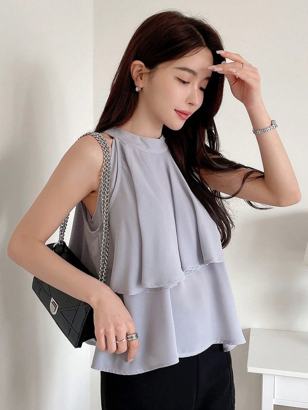 DAZY Blusa De Cuello Halter Con Dobladillo De Volantes Y Parche De Retazos Para Mujer