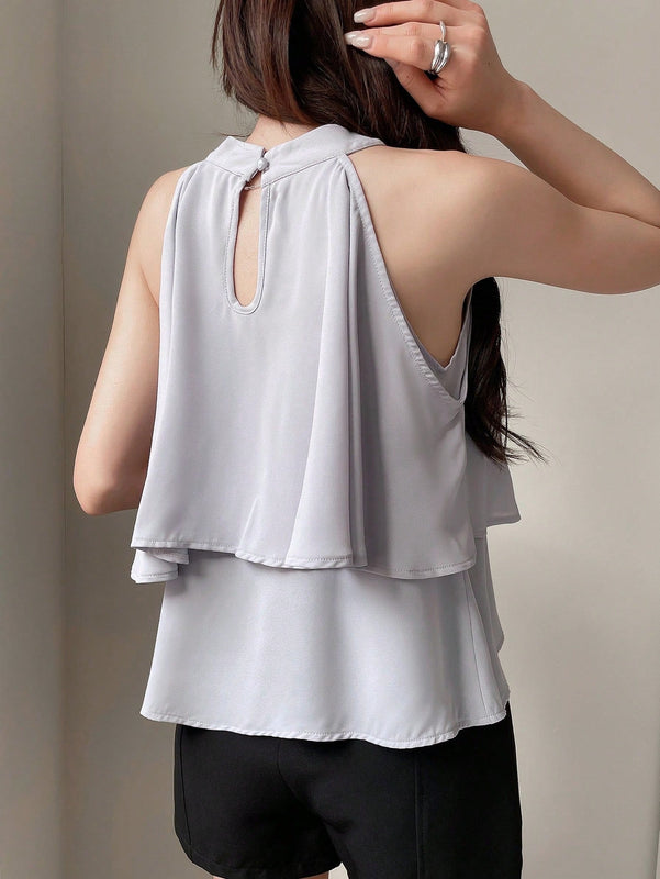 DAZY Blusa De Cuello Halter Con Dobladillo De Volantes Y Parche De Retazos Para Mujer