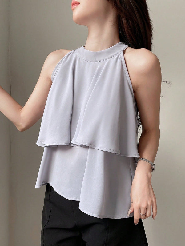 DAZY Blusa De Cuello Halter Con Dobladillo De Volantes Y Parche De Retazos Para Mujer