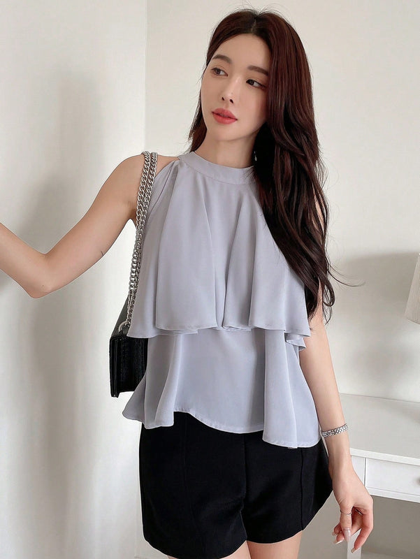 DAZY Blusa De Cuello Halter Con Dobladillo De Volantes Y Parche De Retazos Para Mujer