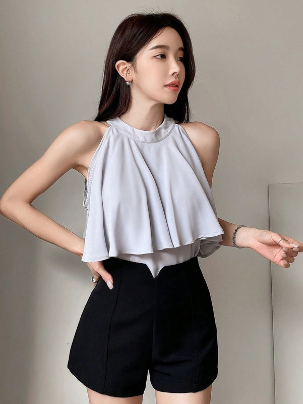 DAZY Blusa De Cuello Halter Con Dobladillo De Volantes Y Parche De Retazos Para Mujer