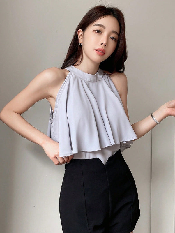 DAZY Blusa De Cuello Halter Con Dobladillo De Volantes Y Parche De Retazos Para Mujer