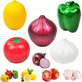 Juego de 5 contenedores de almacenamiento transparentes en forma de frutas y verduras, incluye cajas para limones, aguacates, tomates y cebollas, ideales para mantener los productos frescos en el refrigerador o congelador, esenciales de la cocina.