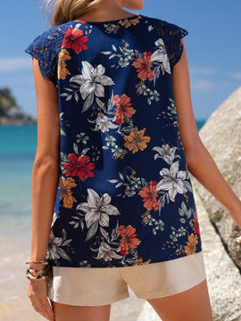 EMERY ROSE Camisa Impresa Con Detalle De Encaje Solube Al Agua, Pliegues Y Detalle De Encaje Combinado Con Cuello De Cerradura Para Cuello