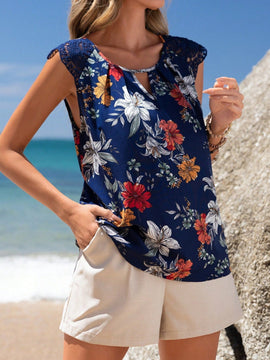 EMERY ROSE Camisa Impresa Con Detalle De Encaje Solube Al Agua, Pliegues Y Detalle De Encaje Combinado Con Cuello De Cerradura Para Cuello