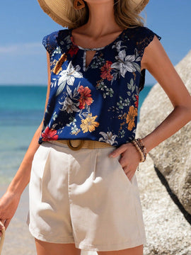 EMERY ROSE Camisa Impresa Con Detalle De Encaje Solube Al Agua, Pliegues Y Detalle De Encaje Combinado Con Cuello De Cerradura Para Cuello