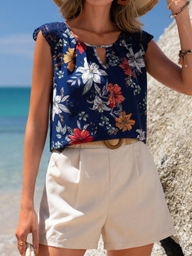 EMERY ROSE Camisa Impresa Con Detalle De Encaje Solube Al Agua, Pliegues Y Detalle De Encaje Combinado Con Cuello De Cerradura Para Cuello