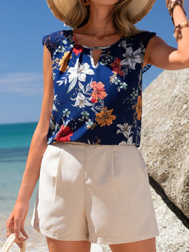 EMERY ROSE Camisa Impresa Con Detalle De Encaje Solube Al Agua, Pliegues Y Detalle De Encaje Combinado Con Cuello De Cerradura Para Cuello