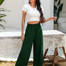 Essnce pantalones casuales sueltos de pierna ancha con bolsillos y cintura fruncida de unicolor para mujeres