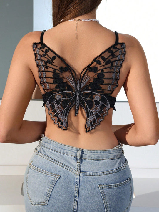 Sujetador Con Bordado De Mariposa De Encaje Que Deja Descubierto La Espalda