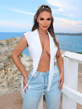 SXY Camisa Entallada De Damas Con Detalles De Cadena En El Cuello Con Botones Y Mangas Cubiertas