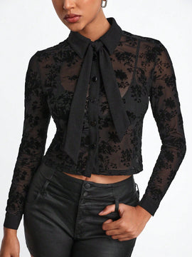 Hunter Kilstrom Blusa Transparente De Malla Bordada De Flores De Terciopelo Para Mujer