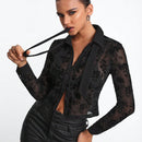 Hunter Kilstrom Blusa Transparente De Malla Bordada De Flores De Terciopelo Para Mujer