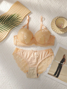 Conjunto De 2 Piezas De Sosten De Encaje Solido Para Mujer Con Aro Y Braguitas Triangulares