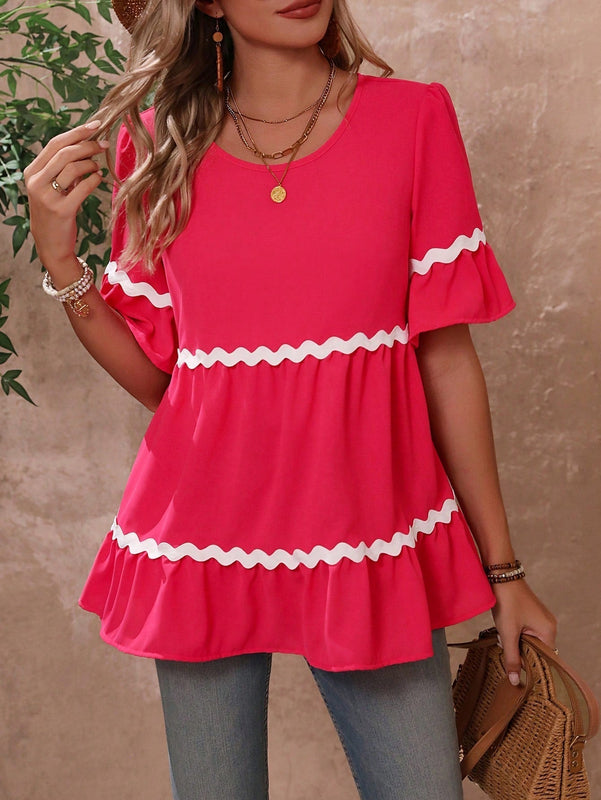 VCAY Camiseta Casual De Manga Corta Con Cuello Redondo Y Bloque De Color